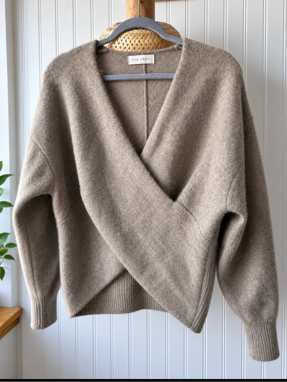 Vita Grace 100 % wool Women’s Taupe V-Neck Surplice Sweater